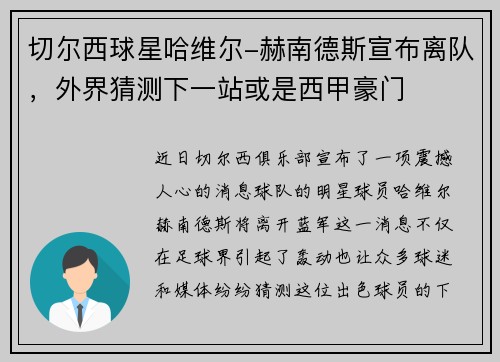 切尔西球星哈维尔-赫南德斯宣布离队，外界猜测下一站或是西甲豪门